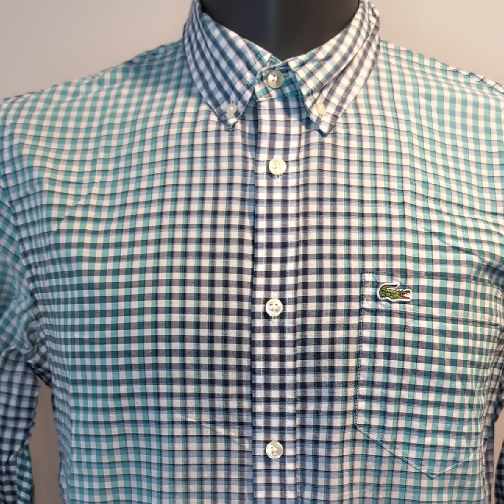Lacoste Teal and Navy Gradiant Plaid Button Down Shirt